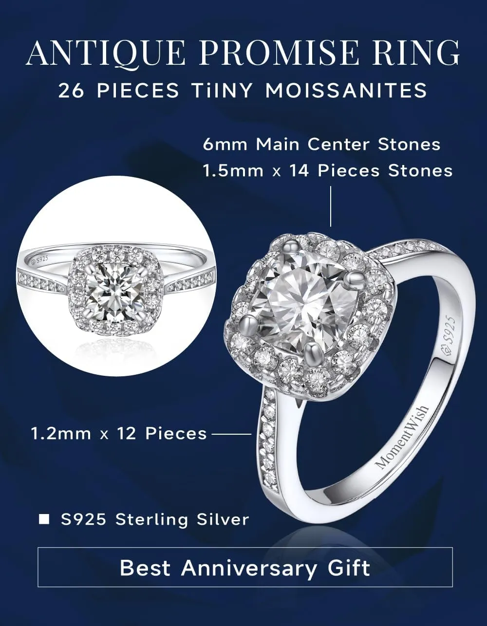 MomentWish Engagement Ring for Women, Moissanite Promise Ring for Her, D Color VVS1 Simulated Moissanite 925 Sterling Silver Ring for Wedding Anniversary