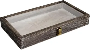 MOOCA Natural Wood Glass Top Jewelry Display Tempered Glass Accessories Storage Box with Metal Clasp, Wooden Jewelry Organizer Tray for Collectibles, Pocket Knife Display Case, Coffee Color