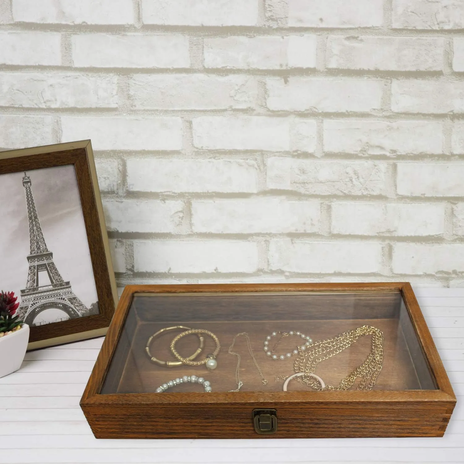 MOOCA Wood Glass Top Jewelry Display Case Accessories Storage, Wooden Jewelry Tray for Collectibles, Home Organization Box with Metal Clasp and Tempered Glass Top Lid, 2.75 Inch High, Brown