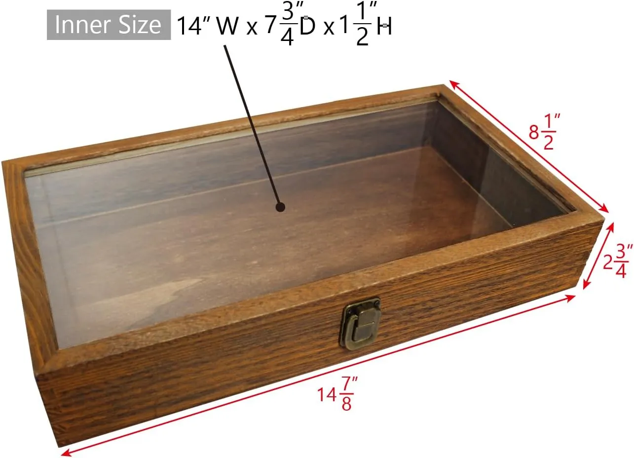 MOOCA Wood Glass Top Jewelry Display Case Accessories Storage, Wooden Jewelry Tray for Collectibles, Home Organization Box with Metal Clasp and Tempered Glass Top Lid, 2.75 Inch High, Brown