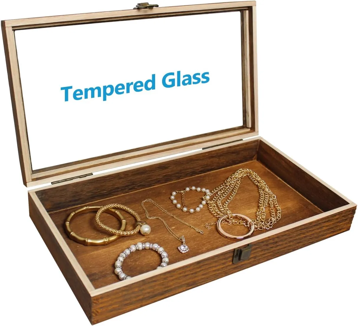 MOOCA Wood Glass Top Jewelry Display Case Accessories Storage, Wooden Jewelry Tray for Collectibles, Home Organization Box with Metal Clasp and Tempered Glass Top Lid, 2.75 Inch High, Brown