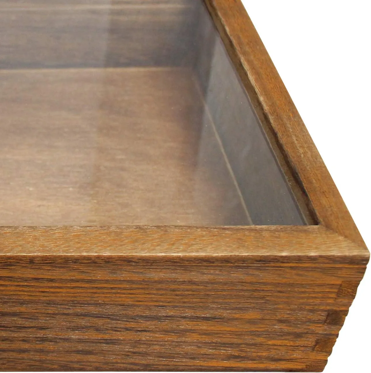MOOCA Wood Glass Top Jewelry Display Case Accessories Storage, Wooden Jewelry Tray for Collectibles, Home Organization Box with Metal Clasp and Tempered Glass Top Lid, 2.75 Inch High, Brown