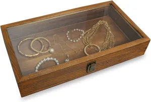 MOOCA Wood Glass Top Jewelry Display Case Accessories Storage, Wooden Jewelry Tray for Collectibles, Home Organization Box with Metal Clasp and Tempered Glass Top Lid, 2.75 Inch High, Brown