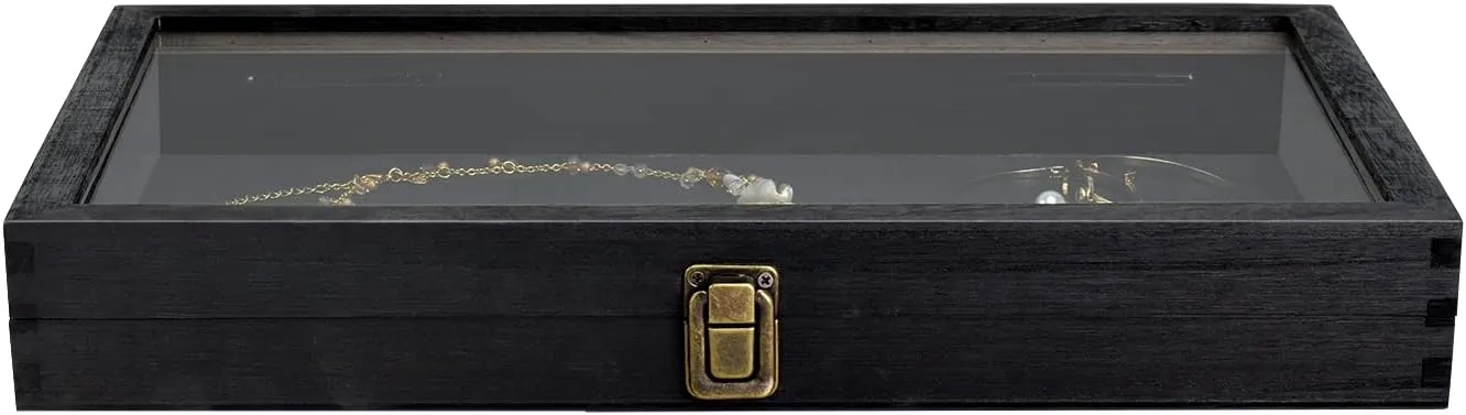 MOOCA Wood Tempered Glass Top Jewelry Display Case Accessories Storage Box with Metal Clasp, Wooden Jewelry Tray for Collectibles, Pocket Knife Display Case, Black