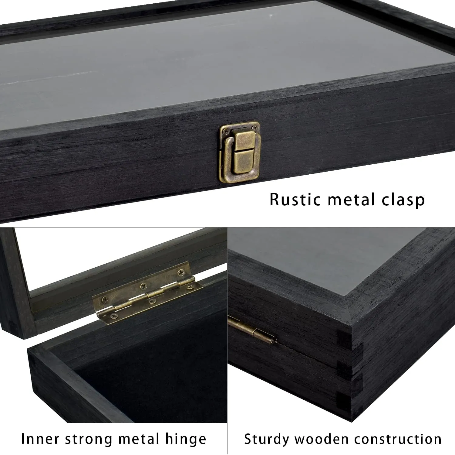 MOOCA Wood Tempered Glass Top Jewelry Display Case Accessories Storage Box with Metal Clasp, Wooden Jewelry Tray for Collectibles, Pocket Knife Display Case, Black