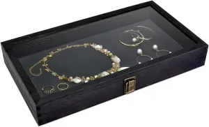 MOOCA Wood Tempered Glass Top Jewelry Display Case Accessories Storage Box with Metal Clasp, Wooden Jewelry Tray for Collectibles, Pocket Knife Display Case, Black