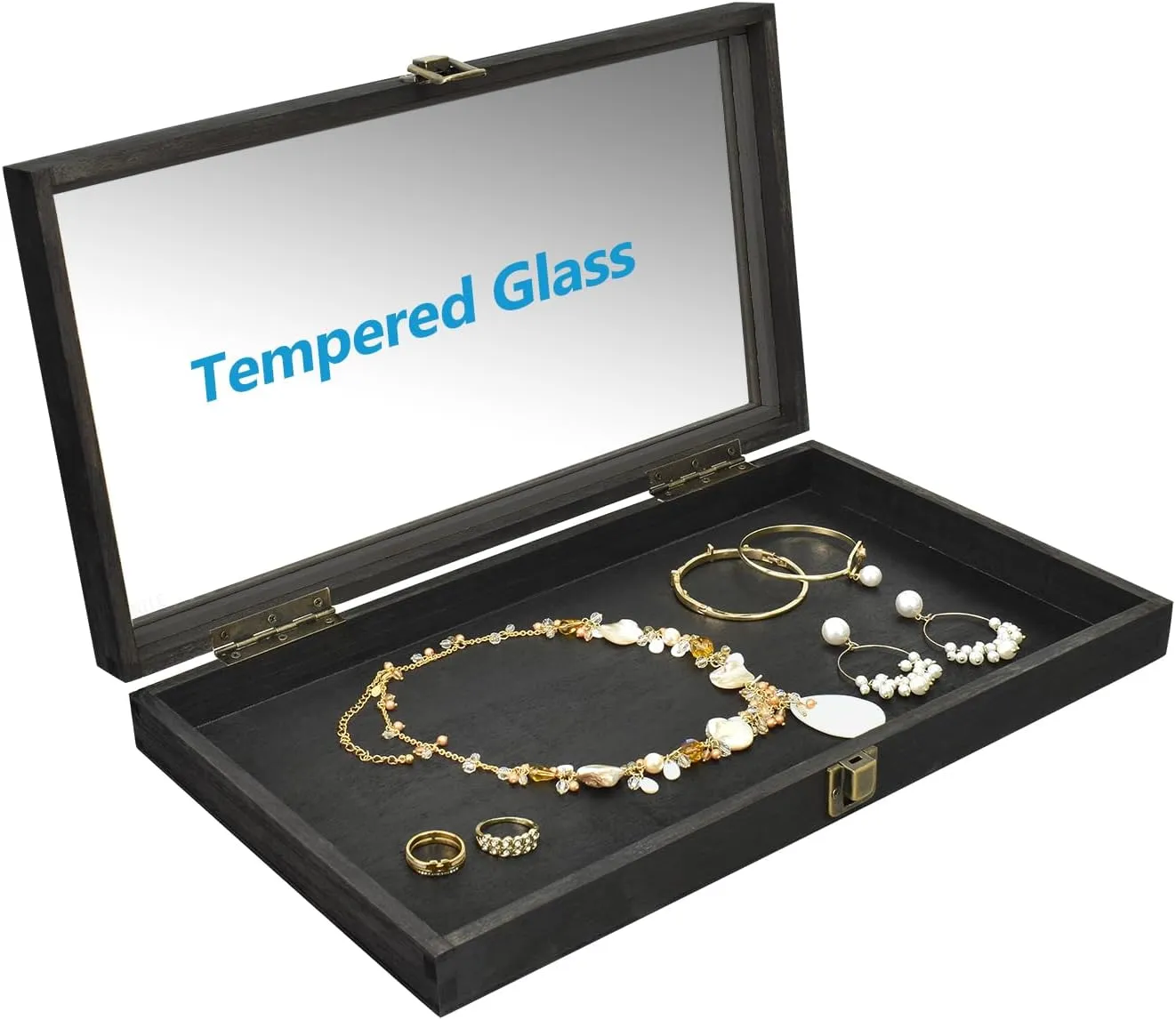 MOOCA Wood Tempered Glass Top Jewelry Display Case Accessories Storage Box with Metal Clasp, Wooden Jewelry Tray for Collectibles, Pocket Knife Display Case, Black