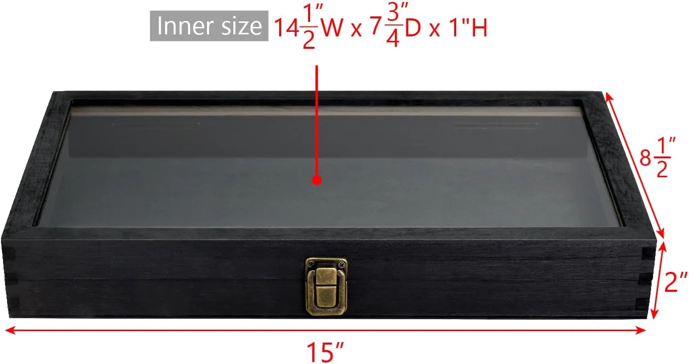 MOOCA Wood Tempered Glass Top Jewelry Display Case Accessories Storage Box with Metal Clasp, Wooden Jewelry Tray for Collectibles, Pocket Knife Display Case, Black