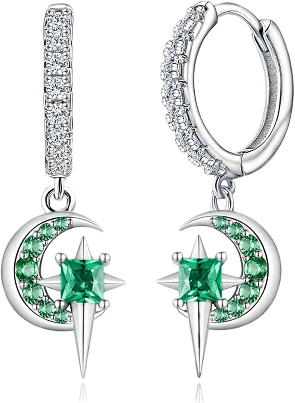 Moon Star Hoop Earrings for Women Sterling Silver Green CZ Crescent Dangle Hoop Earrings Cartilage Hypoallergenic Starburst Dangling Earring Dainty Jewelry Gifts for Birthday Wedding