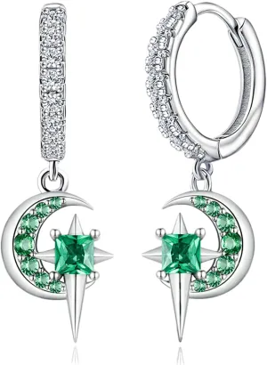 Moon Star Hoop Earrings for Women Sterling Silver Green CZ Crescent Dangle Hoop Earrings Cartilage Hypoallergenic Starburst Dangling Earring Dainty Jewelry Gifts for Birthday Wedding