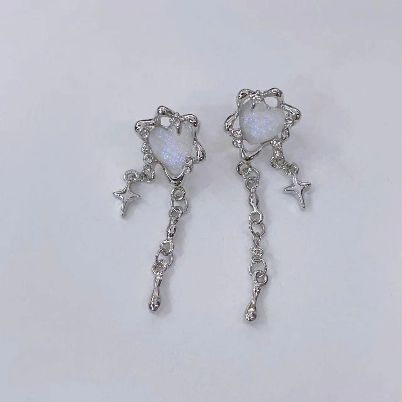 Moonstone Heart Stainless Steel Earrings For Women Teen Girls Tassel Silver Star Dangle Earrings Dangling Y2k Earinging Earrings