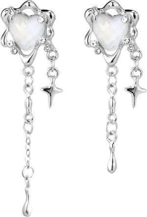 Moonstone Heart Stainless Steel Earrings For Women Teen Girls Tassel Silver Star Dangle Earrings Dangling Y2k Earinging Earrings