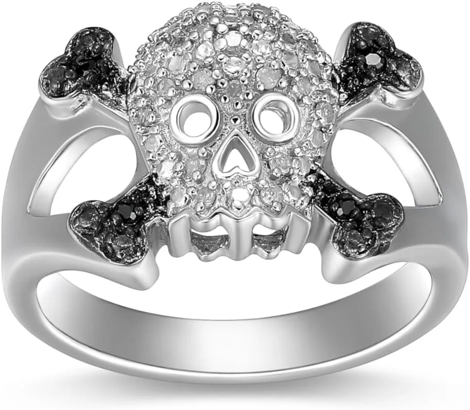 MORGAN & PAIGE .925 Sterling Silver Rhodium Plated 1/10 Cttw Black & White Diamond Skull and Crossbones Men's or Ladies Silver Ring (I-J Color, I2-I3 Clarity) - Sterling Silver Rings Statement Jewelry