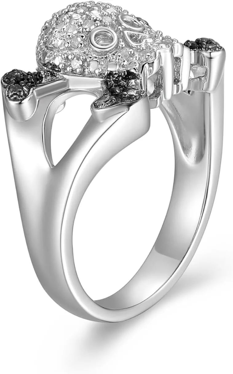 MORGAN & PAIGE .925 Sterling Silver Rhodium Plated 1/10 Cttw Black & White Diamond Skull and Crossbones Men's or Ladies Silver Ring (I-J Color, I2-I3 Clarity) - Sterling Silver Rings Statement Jewelry