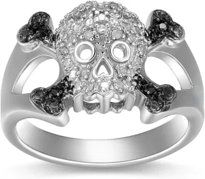 MORGAN & PAIGE .925 Sterling Silver Rhodium Plated 1/10 Cttw Black & White Diamond Skull and Crossbones Men's or Ladies Silver Ring (I-J Color, I2-I3 Clarity) - Sterling Silver Rings Statement Jewelry