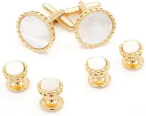 Mother of Pearl Men's Formal Tuxedo Cufflinks and Studs Set in Gold