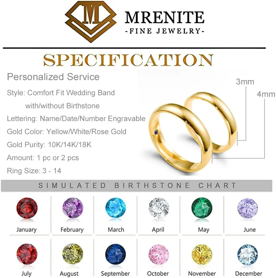 MRENITE 3-4mm Solid 10K/14K/18K Gold Comfort Fit Wedding Band with/without Birthstone for Women/Men, Engravable His and Her Matching Anniversary Wedding Couple Dome Ring, Available in Size 3-14