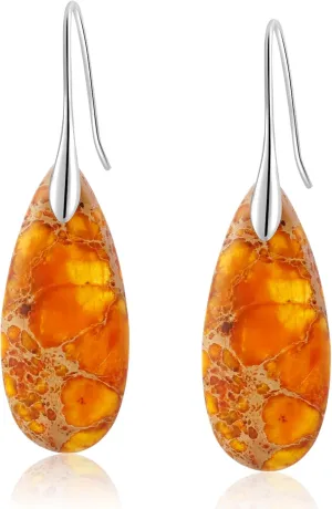 Natural Healing Stone Fishhoop Dangle Drop Earrings Statement Gold silver earrings. (Orange Silver Hook)