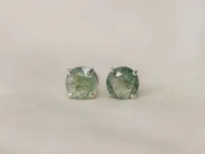 Natural Moss Agate Studs Minimalist Studs Round Cut Solitaire Studs Moss Earrings 925 Sterling Silver Gemstone Earrings (6 MM, Rose Gold)