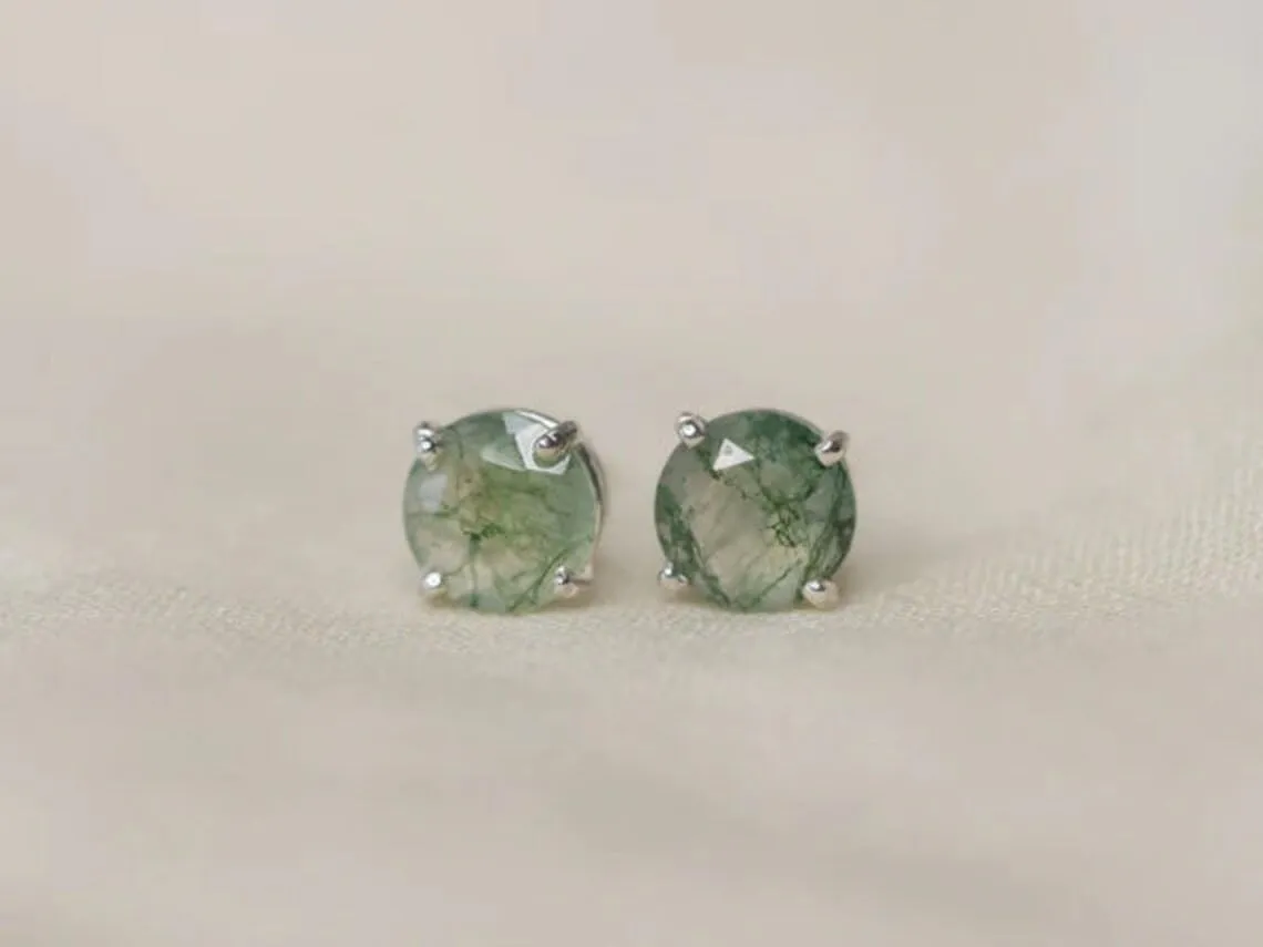 Natural Moss Agate Studs Minimalist Studs Round Cut Solitaire Studs Moss Earrings 925 Sterling Silver Gemstone Earrings (6 MM, Rose Gold)