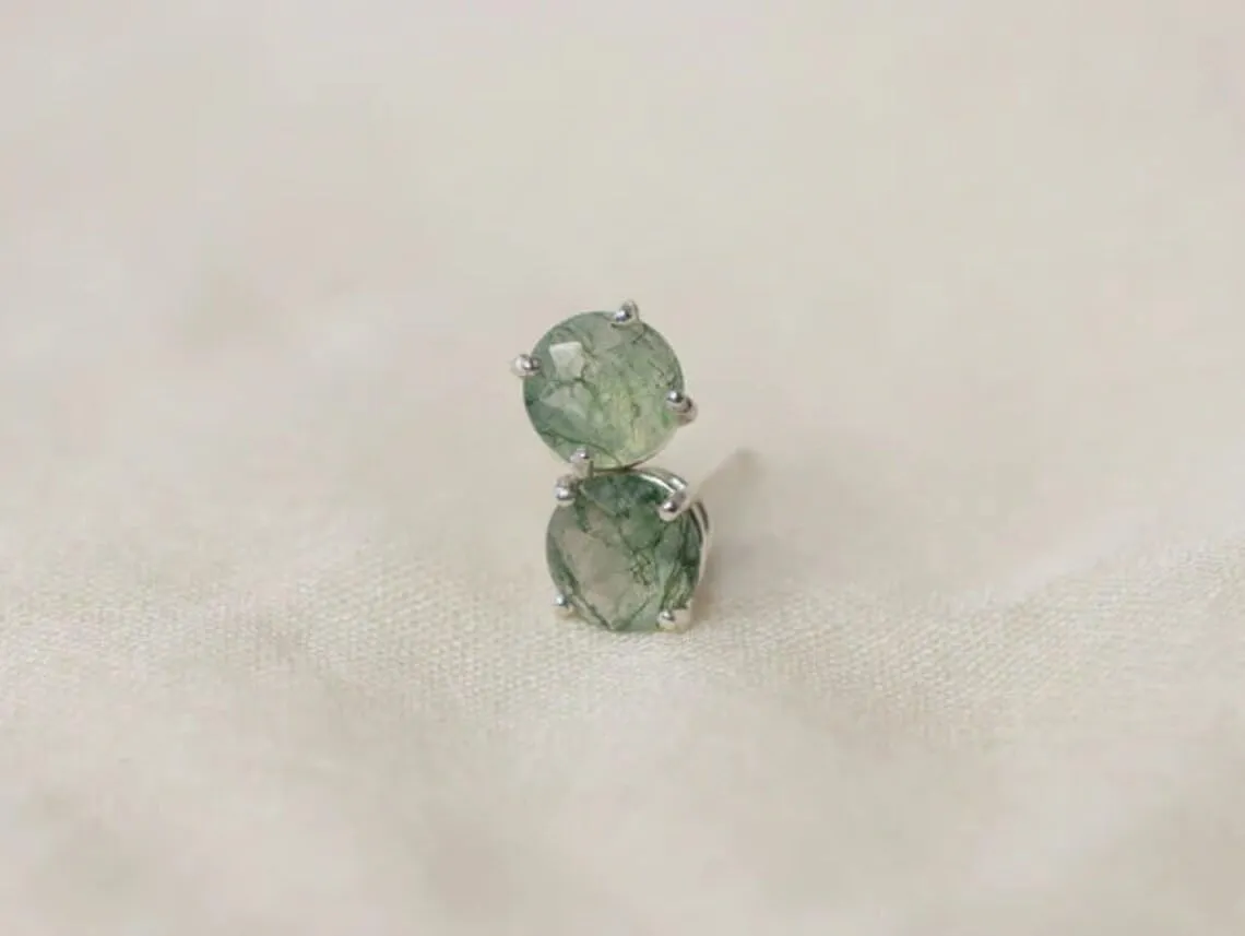 Natural Moss Agate Studs Minimalist Studs Round Cut Solitaire Studs Moss Earrings 925 Sterling Silver Gemstone Earrings (6 MM, Rose Gold)