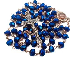 Nazareth Store Deep Blue Crystal Beads Rosary Necklace Catholic Prayer Jerusalem Holy Soil Medal Cross Holy Land Antique Religious Rosaries Beads Collection