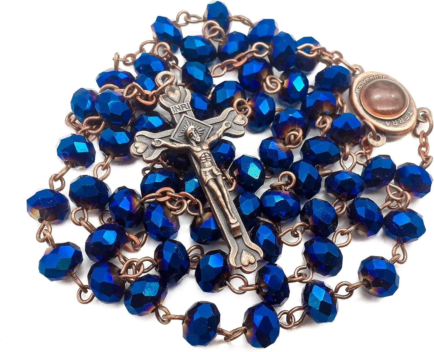 Nazareth Store Deep Blue Crystal Beads Rosary Necklace Catholic Prayer Jerusalem Holy Soil Medal Cross Holy Land Antique Religious Rosaries Beads Collection