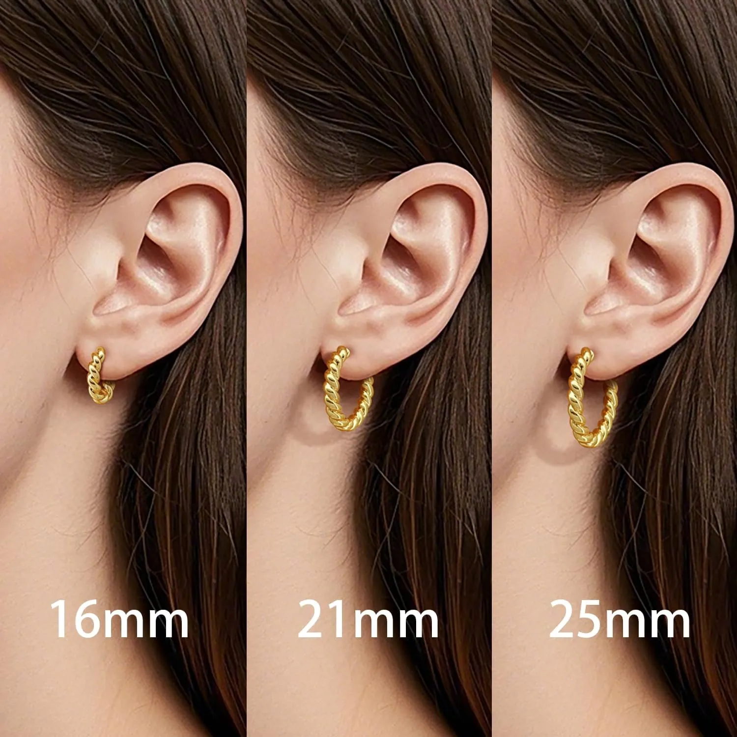 NEARLAND 14K Gold Hoop Earrings for Women Gold Earrings Studs Twisted Rope Round Hoop Stud Earring 16/21/25mm