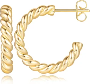 NEARLAND 14K Gold Hoop Earrings for Women Gold Earrings Studs Twisted Rope Round Hoop Stud Earring 16/21/25mm