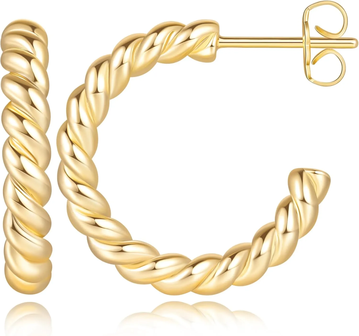 NEARLAND 14K Gold Hoop Earrings for Women Gold Earrings Studs Twisted Rope Round Hoop Stud Earring 16/21/25mm