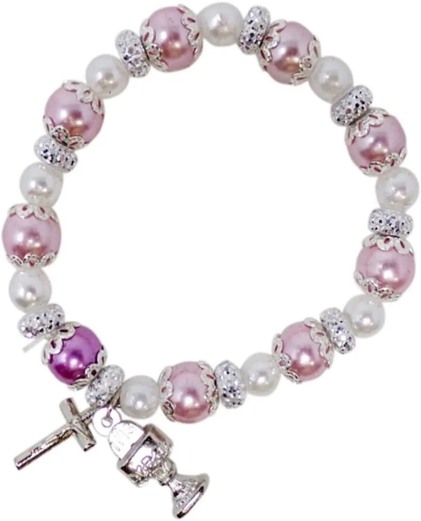 Needzo Catholic Rosary Bracelet First Communion Gift, Prayer Beads with Silver Tone Chalice and Host and Cross Charm, Catholic Religious Gifts