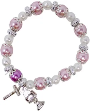 Needzo Catholic Rosary Bracelet First Communion Gift, Prayer Beads with Silver Tone Chalice and Host and Cross Charm, Catholic Religious Gifts