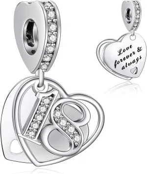NINGAN 16 18 21 30 40 50 60 Years of Love Dangle Charms for Charms Bracelets, Forever & Always 925 Sterling Silver Cubic Zirconia Bead Pendant, Happy Birthday Jewelry Gifts for Women