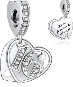 NINGAN 16 18 21 30 40 50 60 Years of Love Dangle Charms for Charms Bracelets, Forever & Always 925 Sterling Silver Cubic Zirconia Bead Pendant, Happy Birthday Jewelry Gifts for Women