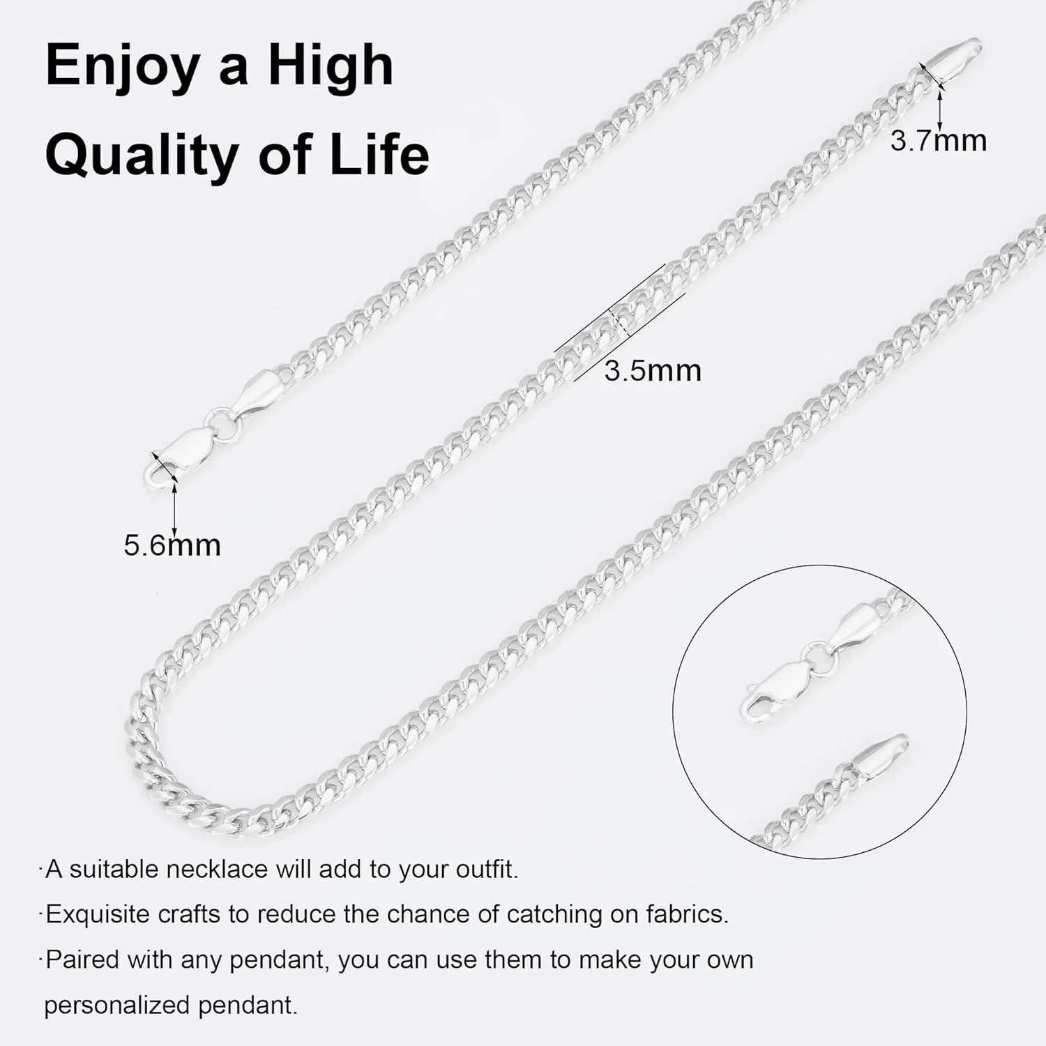 nometo Solid 925 Sterling Silver Cuban Chain Lobster Clasp 3.5mm 4mm 5mm Silver Chain for Men Silver Necklace Chain for Women 16/18/20/22/24/26/30 Inches