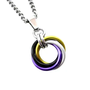 Non-binary pendant necklace, chainmail love knot; yellow, white, purple, black
