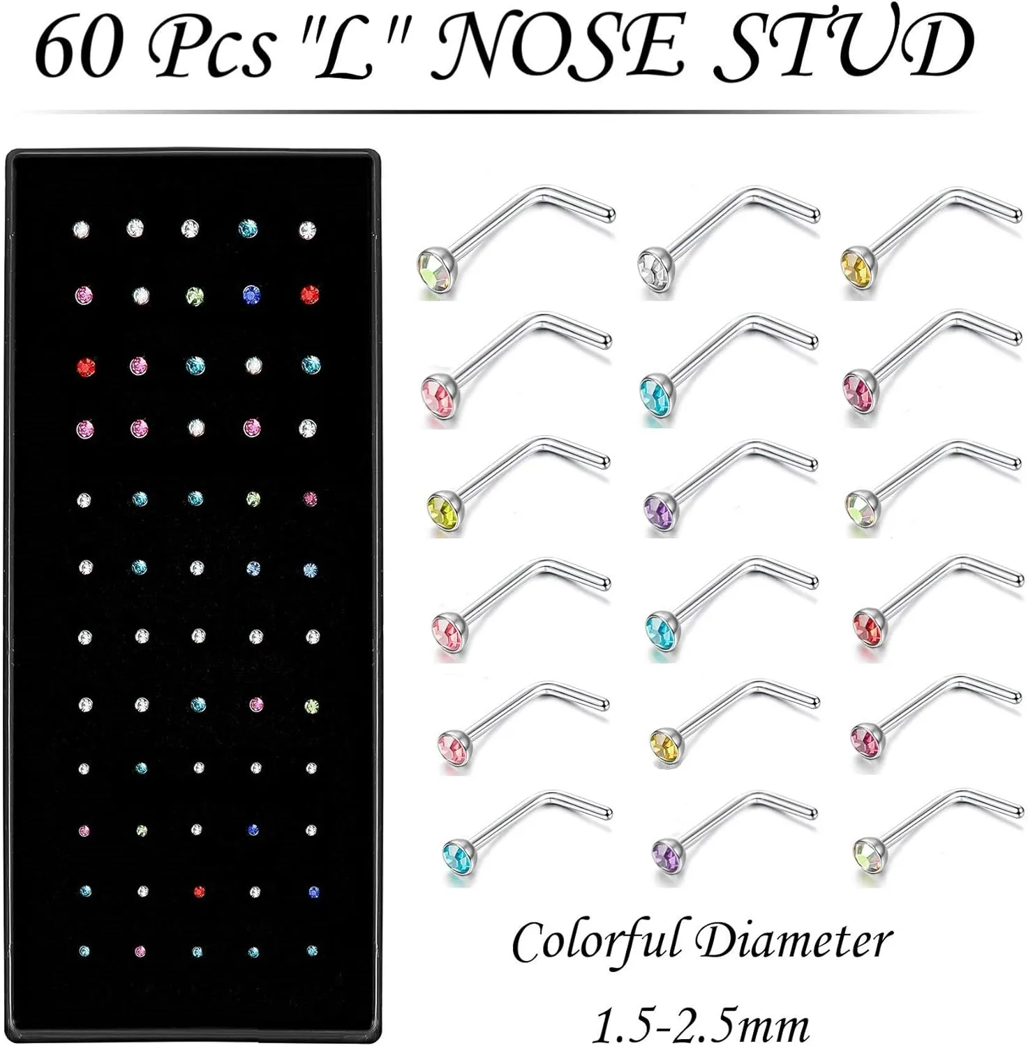 Nose Rings Studs and Hoops, Surgical Stainless Steel Hypoallergenic Nose Rings Set for Women Men, Straight/L/Screw Shaped and 1.5/2.0/2.5mm Rhinestone Nose Piercing Jewelry and Ideal Gift