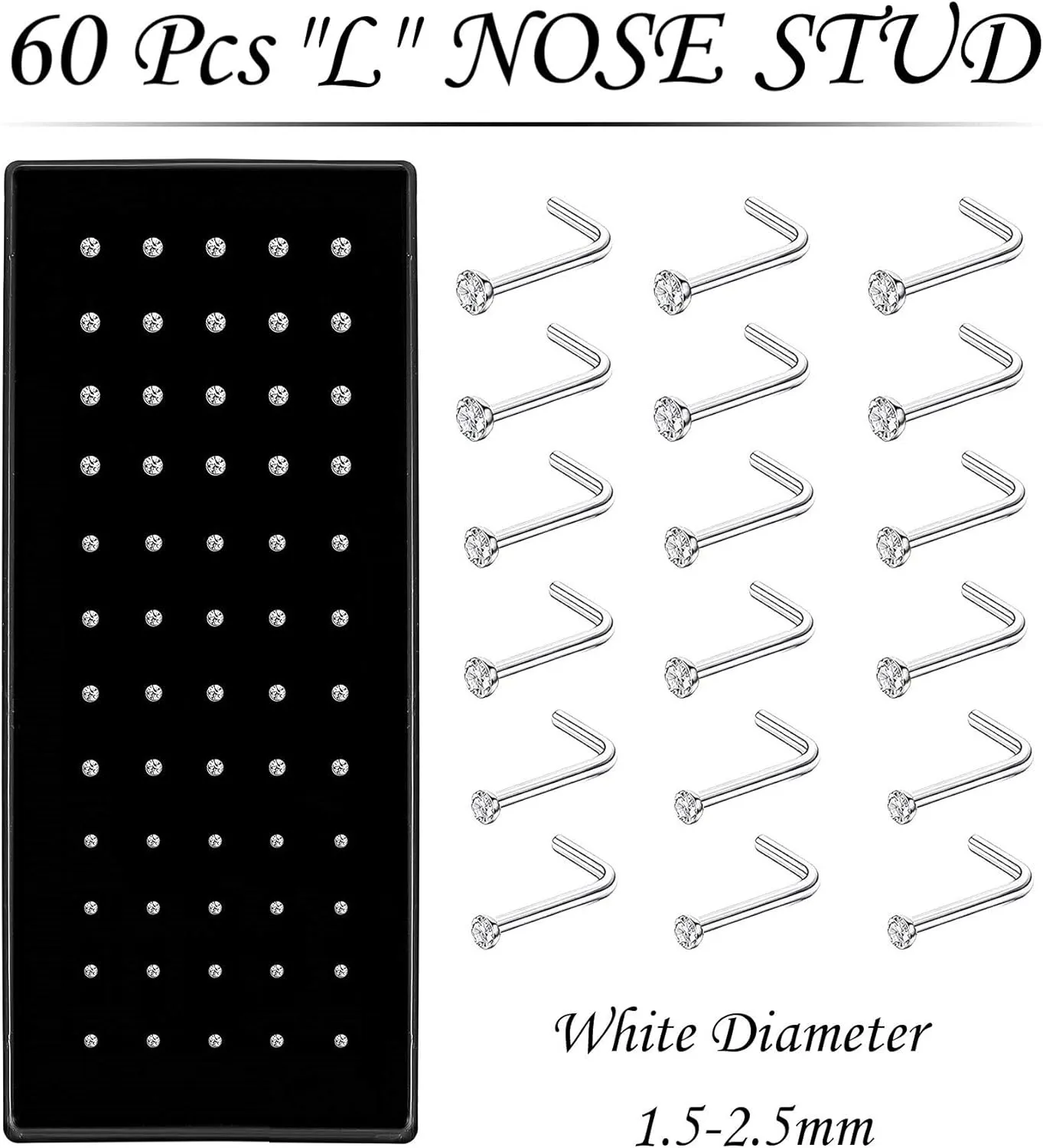 Nose Rings Studs and Hoops, Surgical Stainless Steel Hypoallergenic Nose Rings Set for Women Men, Straight/L/Screw Shaped and 1.5/2.0/2.5mm Rhinestone Nose Piercing Jewelry and Ideal Gift