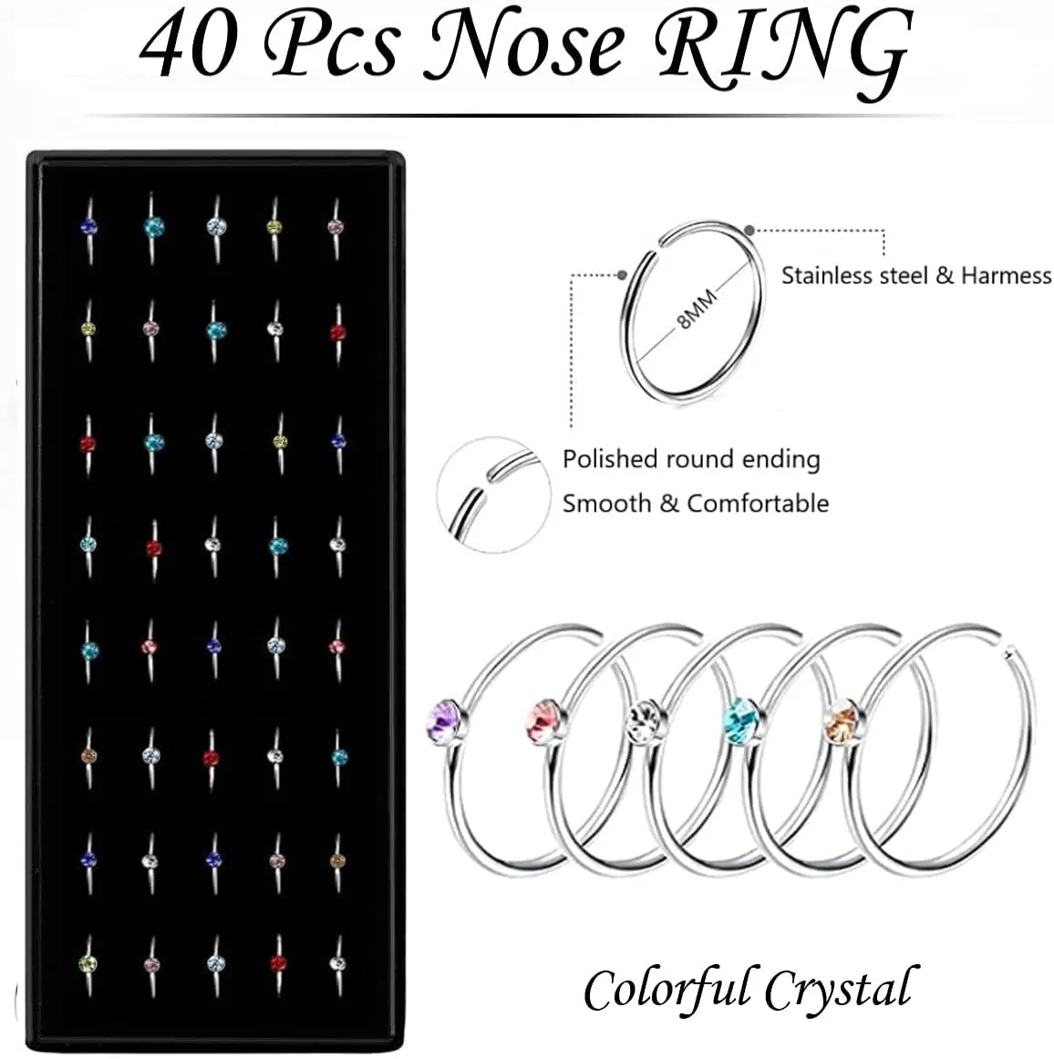 Nose Rings Studs and Hoops, Surgical Stainless Steel Hypoallergenic Nose Rings Set for Women Men, Straight/L/Screw Shaped and 1.5/2.0/2.5mm Rhinestone Nose Piercing Jewelry and Ideal Gift
