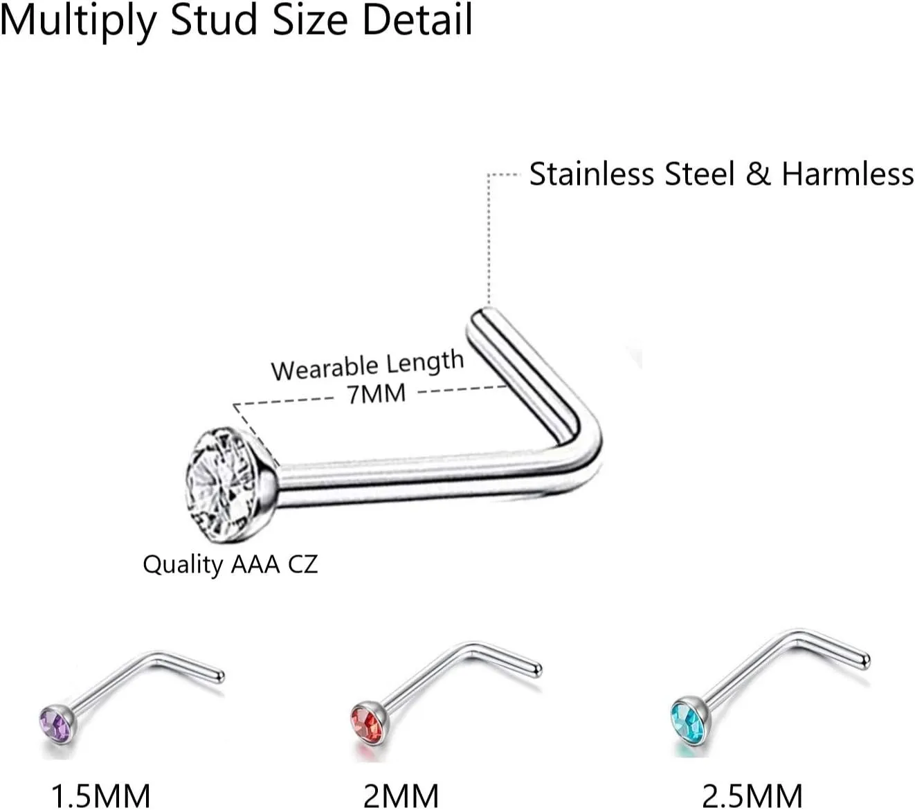Nose Rings Studs and Hoops, Surgical Stainless Steel Hypoallergenic Nose Rings Set for Women Men, Straight/L/Screw Shaped and 1.5/2.0/2.5mm Rhinestone Nose Piercing Jewelry and Ideal Gift