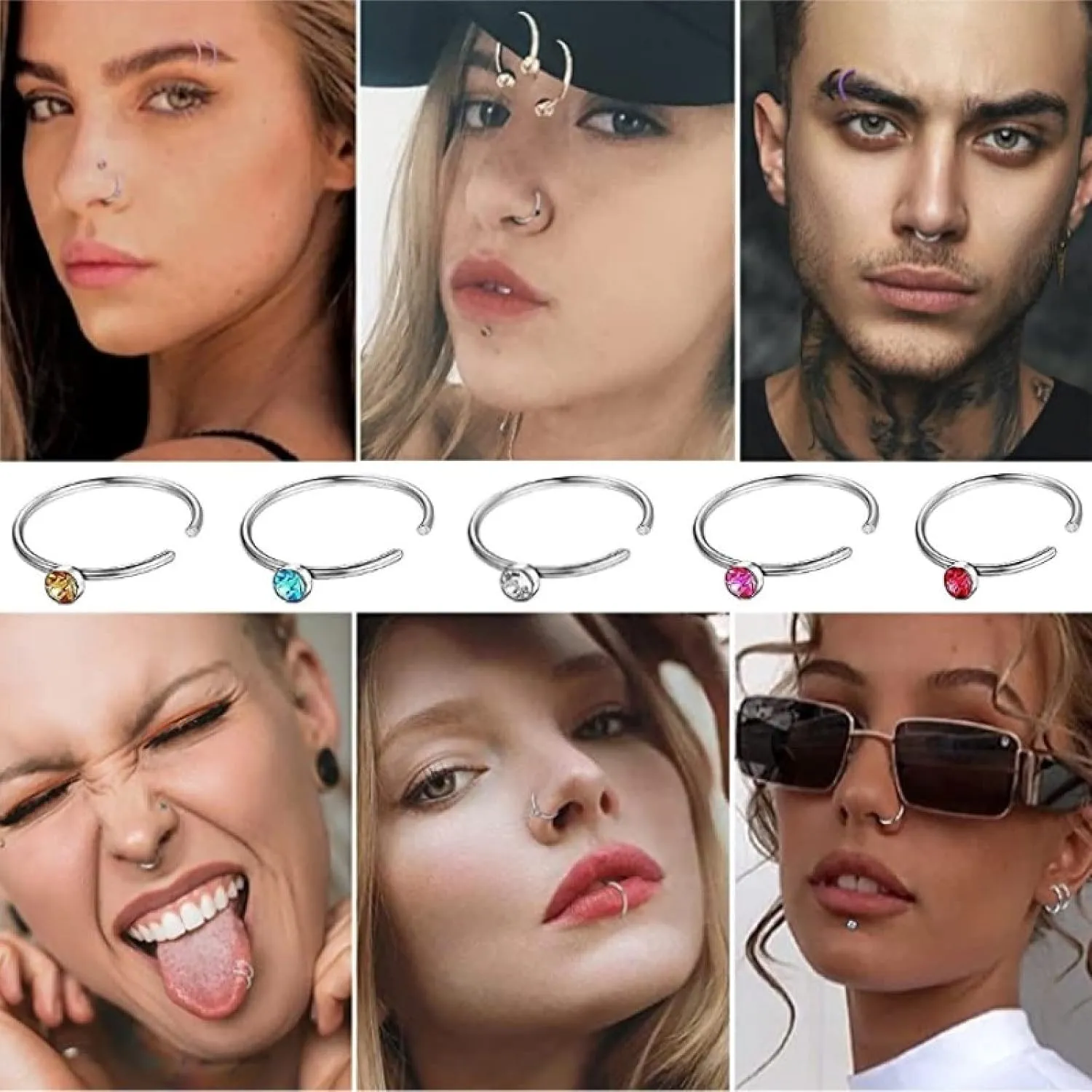 Nose Rings Studs and Hoops, Surgical Stainless Steel Hypoallergenic Nose Rings Set for Women Men, Straight/L/Screw Shaped and 1.5/2.0/2.5mm Rhinestone Nose Piercing Jewelry and Ideal Gift
