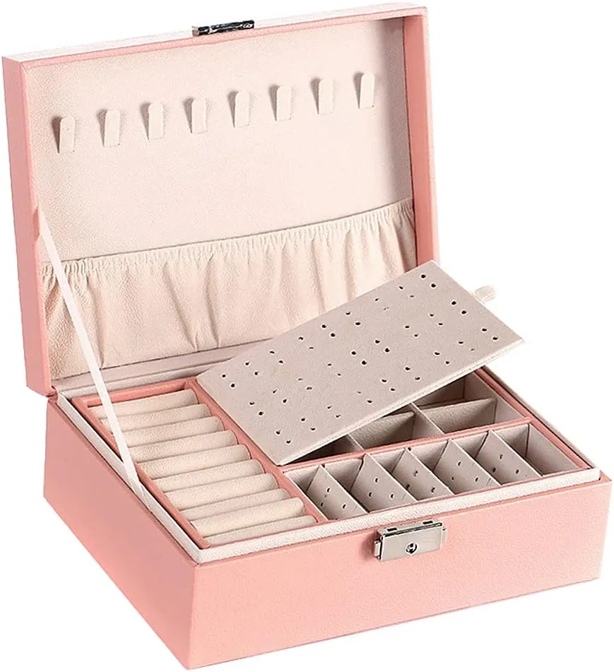 NuAngela Large Jewelry Box Organizer for Women Girls, 2 Layer Jewelry Storage Case, PU Leather Display Jewellery Holder With Removable Tray for Necklace Earrings Rings Bracelets (Pink)
