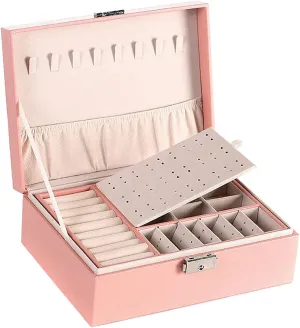NuAngela Large Jewelry Box Organizer for Women Girls, 2 Layer Jewelry Storage Case, PU Leather Display Jewellery Holder With Removable Tray for Necklace Earrings Rings Bracelets (Pink)