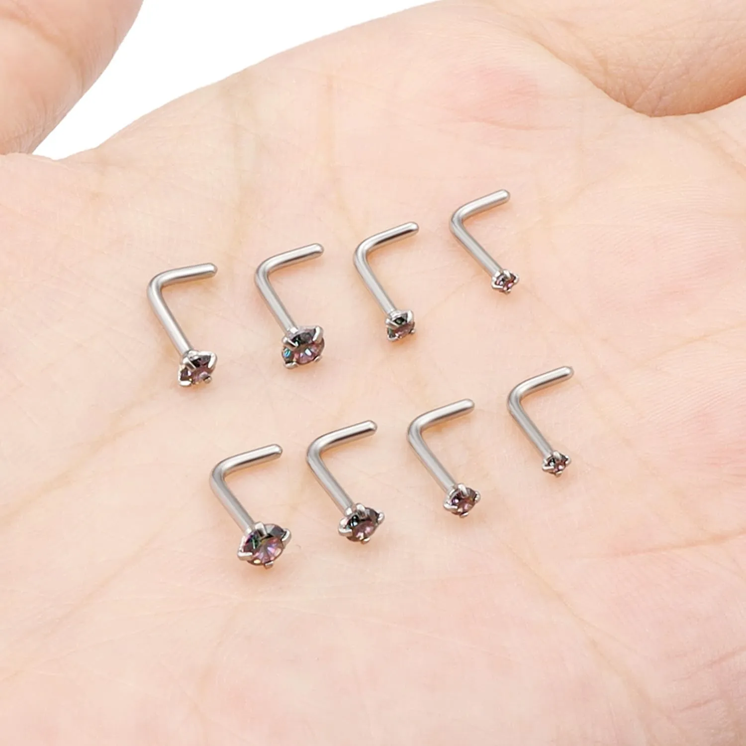 Ocptiy 18G 20G 22G Hypoallergenic Silver Nose Rings Studs 316L Surgical Steel Screw Straight L Shaped Nose Studs Shiny Cubic Zirconia Nose Nostril Rins Piercing Jewelry for Women Men CZ 1.5mm 2mm