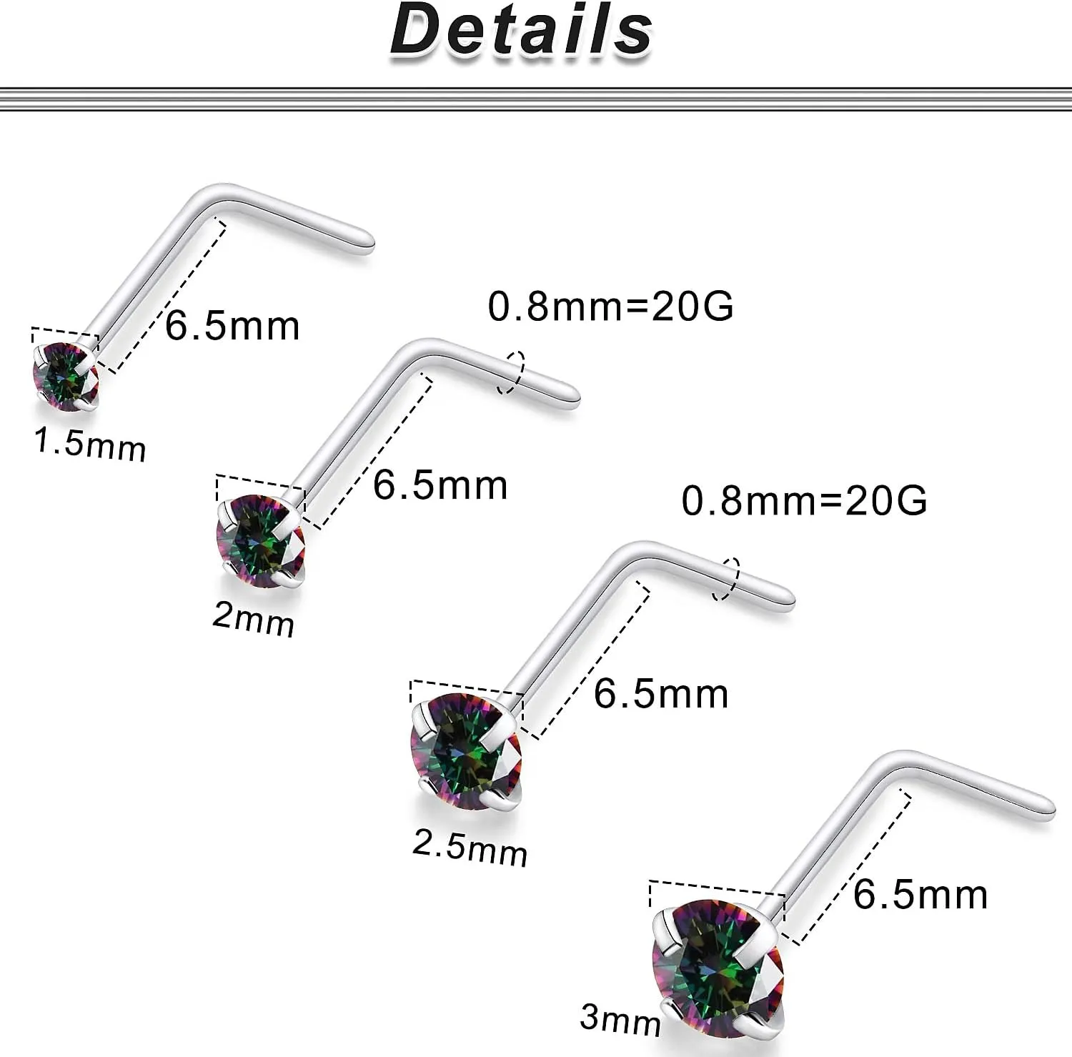 Ocptiy 18G 20G 22G Hypoallergenic Silver Nose Rings Studs 316L Surgical Steel Screw Straight L Shaped Nose Studs Shiny Cubic Zirconia Nose Nostril Rins Piercing Jewelry for Women Men CZ 1.5mm 2mm