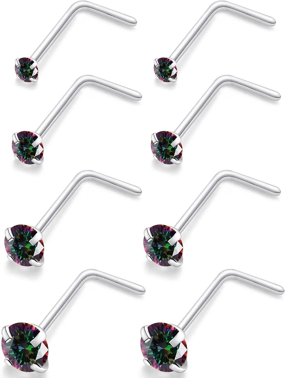 Ocptiy 18G 20G 22G Hypoallergenic Silver Nose Rings Studs 316L Surgical Steel Screw Straight L Shaped Nose Studs Shiny Cubic Zirconia Nose Nostril Rins Piercing Jewelry for Women Men CZ 1.5mm 2mm