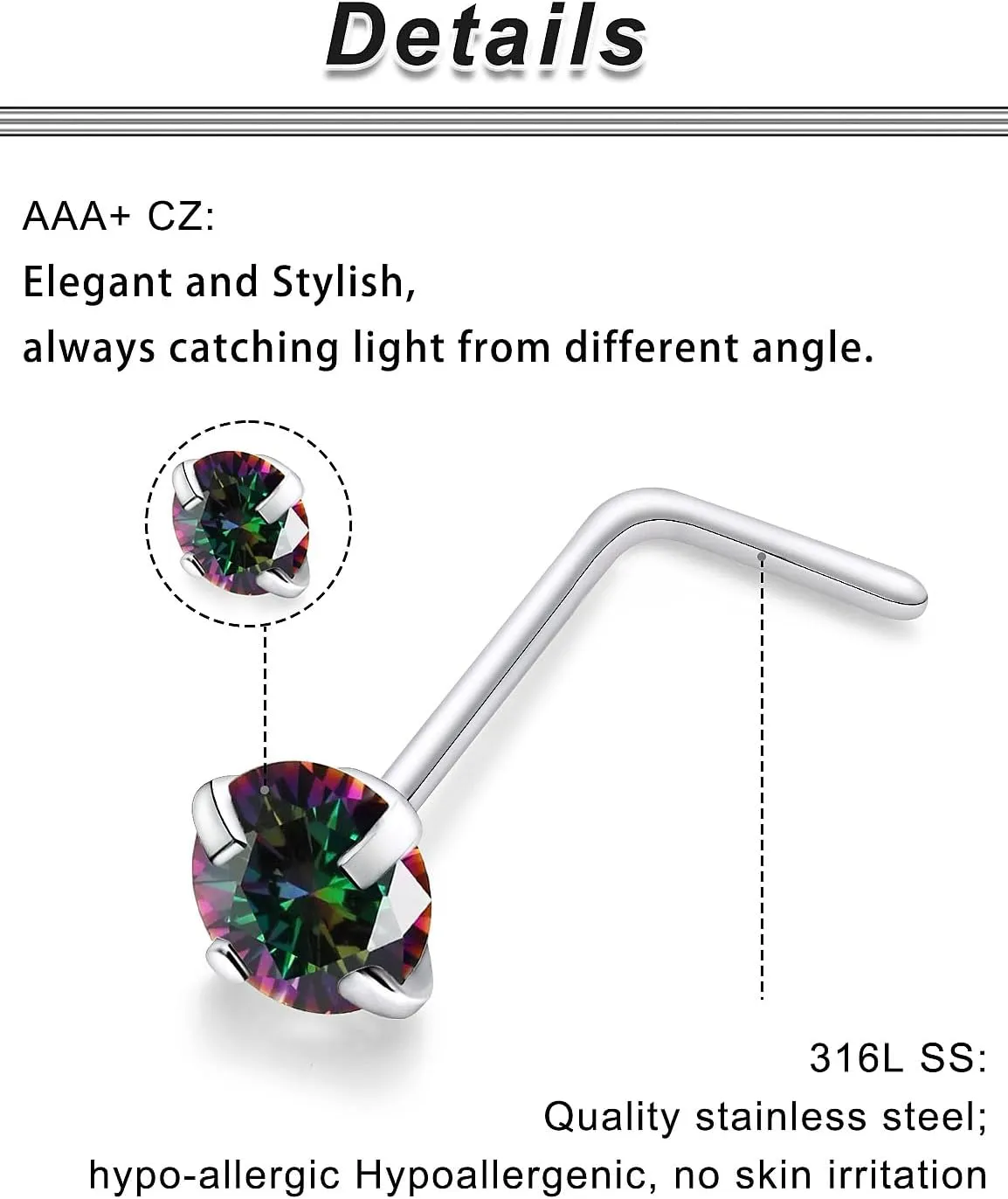 Ocptiy 18G 20G 22G Hypoallergenic Silver Nose Rings Studs 316L Surgical Steel Screw Straight L Shaped Nose Studs Shiny Cubic Zirconia Nose Nostril Rins Piercing Jewelry for Women Men CZ 1.5mm 2mm