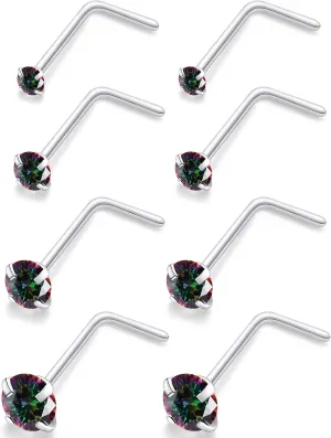 Ocptiy 18G 20G 22G Hypoallergenic Silver Nose Rings Studs 316L Surgical Steel Screw Straight L Shaped Nose Studs Shiny Cubic Zirconia Nose Nostril Rins Piercing Jewelry for Women Men CZ 1.5mm 2mm