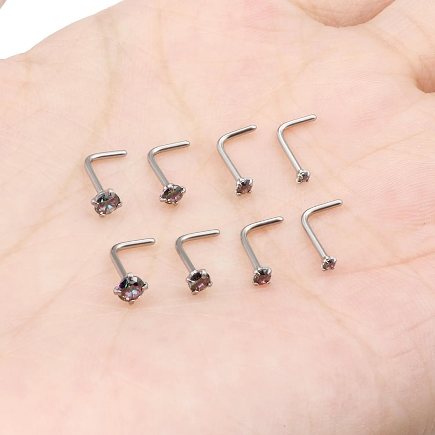 Ocptiy 18G 20G 22G Hypoallergenic Silver Nose Rings Studs 316L Surgical Steel Screw Straight L Shaped Nose Studs Shiny Cubic Zirconia Nose Nostril Rins Piercing Jewelry for Women Men CZ 1.5mm 2mm