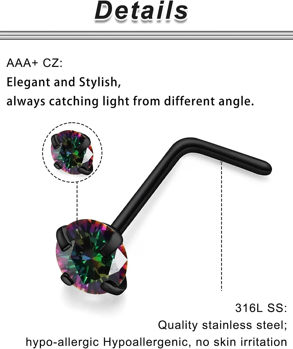 Ocptiy 18G 20G 22G Hypoallergenic Silver Nose Rings Studs 316L Surgical Steel Screw Straight L Shaped Nose Studs Shiny Cubic Zirconia Nose Nostril Rins Piercing Jewelry for Women Men CZ 1.5mm 2mm